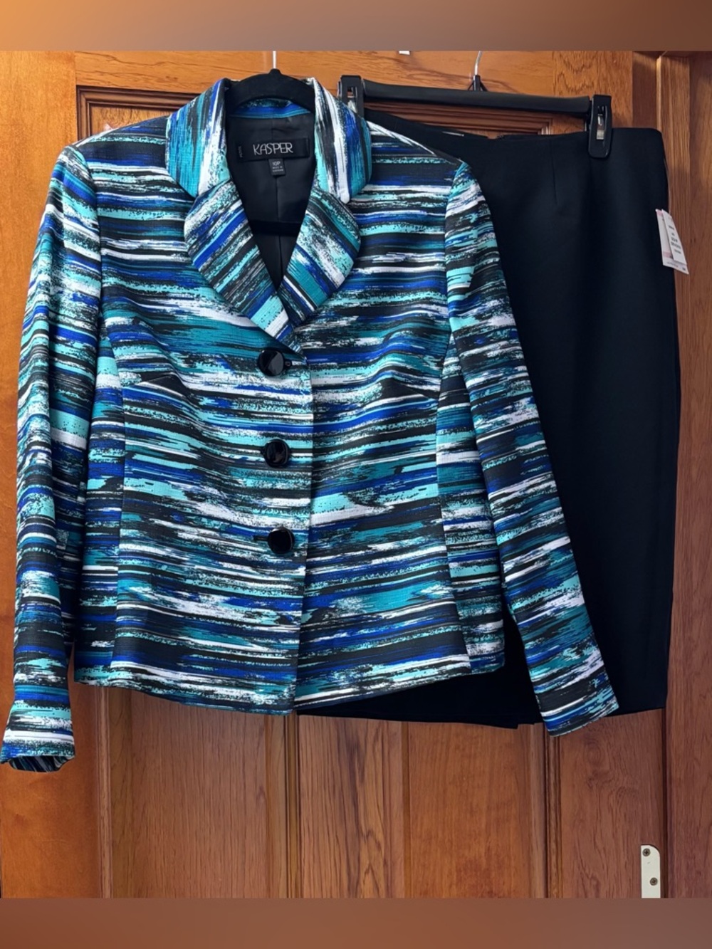 Kasper womens blue/teal career blazer black skirt set Sz 10P